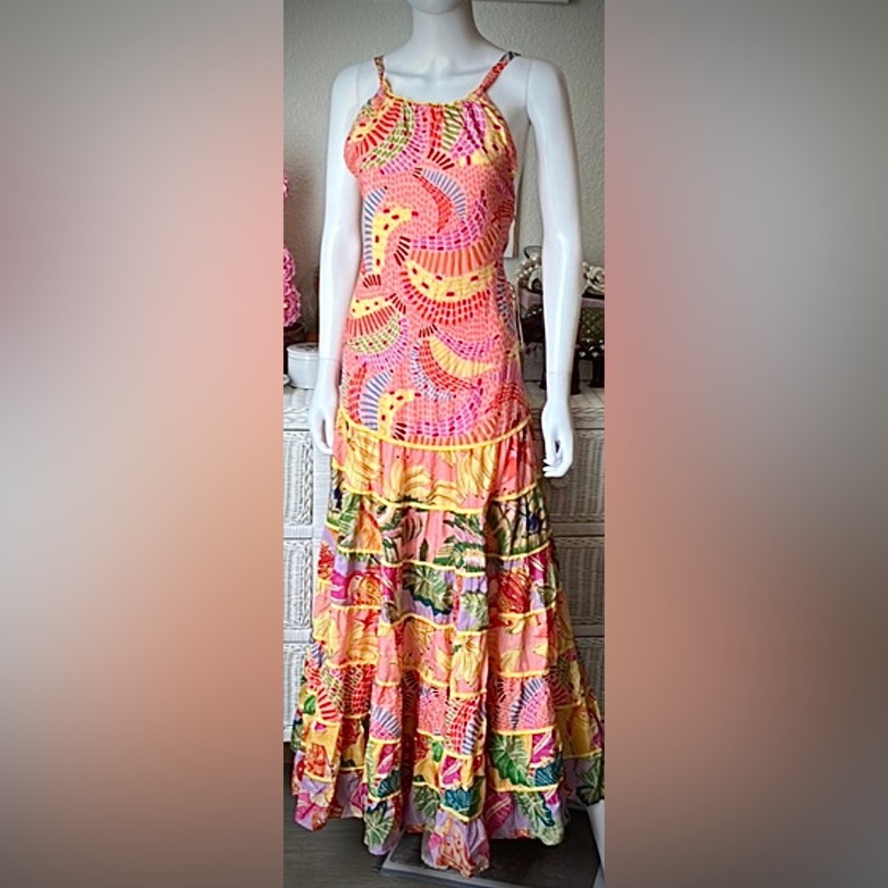 Farm Rio Halter Neck Maxi Dress Cotton Mixed Pink Pastel Print Size S NWT - Picture 2 of 14